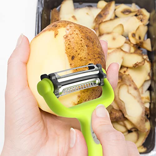 DEFUTAY Vegetable Peelers for Kitchen, 3 in 1 Potato Peelers Stainless Steel Professional Peeler for Potato, Apples, Carrots, Cucumber and Various Vegetables and Fruits (Green-2PC)