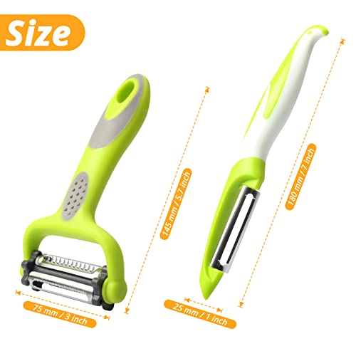 DEFUTAY Vegetable Peelers for Kitchen, 3 in 1 Potato Peelers Stainless Steel Professional Peeler for Potato, Apples, Carrots, Cucumber and Various Vegetables and Fruits (Green-2PC)