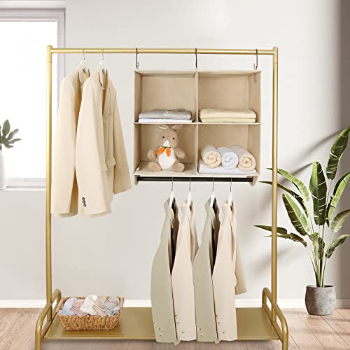 TOPIA HOME 4-Section Hanging Closet Shelves with Rod, Upgraded Thickened Fabric Hanging , Collapsible Closet Organizers and Storage Organization, 24" W x 12" D x 29" H, Beige