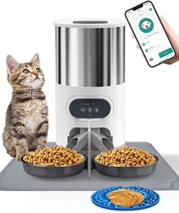 automatic cat feeder, whdpets wifi cat food dispenser for 2 cats & dogs, 304 stainless steel pet feeder with feeding mat, 2-way splitter, app control, 10s voice recorder, dual power supply