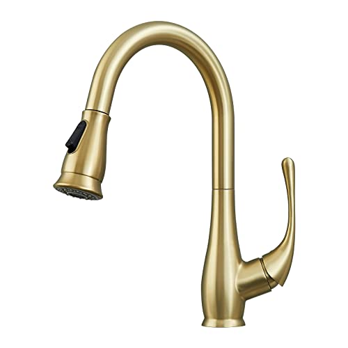 peskoe Gold Kitchen Faucet with Pull Down Sprayer Brushed Gold Kitchen Sink Faucets High Arc Single Handle Modern 2 Function Tall Faucet 360 Degree Swivel Spout