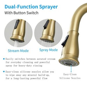 peskoe Gold Kitchen Faucet with Pull Down Sprayer Brushed Gold Kitchen Sink Faucets High Arc Single Handle Modern 2 Function Tall Faucet 360 Degree Swivel Spout