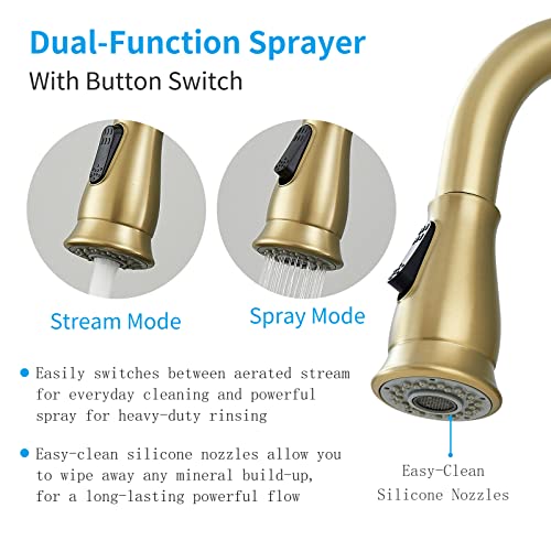 peskoe Gold Kitchen Faucet with Pull Down Sprayer Brushed Gold Kitchen Sink Faucets High Arc Single Handle Modern 2 Function Tall Faucet 360 Degree Swivel Spout