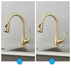 peskoe Gold Kitchen Faucet with Pull Down Sprayer Brushed Gold Kitchen Sink Faucets High Arc Single Handle Modern 2 Function Tall Faucet 360 Degree Swivel Spout