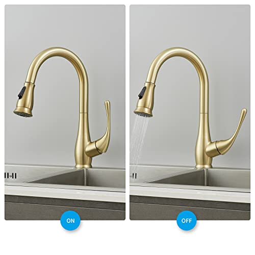 peskoe Gold Kitchen Faucet with Pull Down Sprayer Brushed Gold Kitchen Sink Faucets High Arc Single Handle Modern 2 Function Tall Faucet 360 Degree Swivel Spout