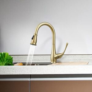 peskoe Gold Kitchen Faucet with Pull Down Sprayer Brushed Gold Kitchen Sink Faucets High Arc Single Handle Modern 2 Function Tall Faucet 360 Degree Swivel Spout