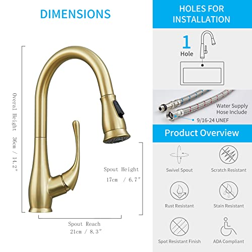 peskoe Gold Kitchen Faucet with Pull Down Sprayer Brushed Gold Kitchen Sink Faucets High Arc Single Handle Modern 2 Function Tall Faucet 360 Degree Swivel Spout