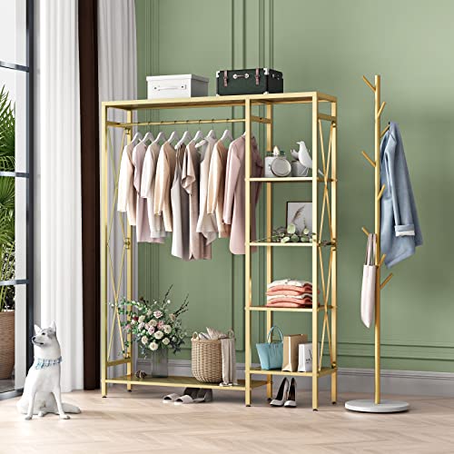 TIEOU Gold Clothing Rack with Shelves, Standing Garment Rack, Clothes Rack for Hanging Clothes, Modern Rack Clothes, Gold Clothes rack,Wardrobe Closet, Industrial Clothing Rack, Gold