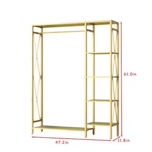 TIEOU Gold Clothing Rack with Shelves, Standing Garment Rack, Clothes Rack for Hanging Clothes, Modern Rack Clothes, Gold Clothes rack,Wardrobe Closet, Industrial Clothing Rack, Gold