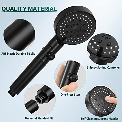 FYY Handheld Shower Head, 5-Spray Settings High Pressure Shower Head, Powerful Rainfall Showerhead with Anti-clog Nozzles Universal Fit Standard, Black