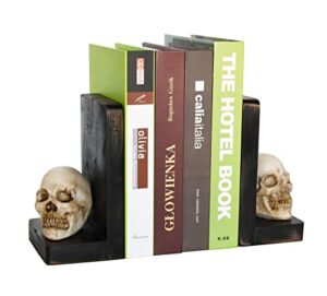 owlgift decorative halloween skull bookends, heavy duty bookends for shelves, skull book ends for heavy books, book shelf holder home office desktop organizer (1 pair)