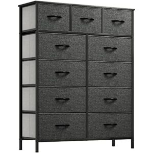 yitahome 11-drawer fabric dresser, dresser for bedroom, hallway, nursery, closets, tall chest organizer unit with sturdy steel frame, wooden top, cool grey