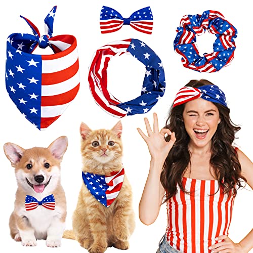 Whaline 4Pcs 4th of July Dog Bandanas & Matching Scrunchie Set American Flag Patriotic Dog Scarf Bow Clip Hair Band Headband for Pet Dog Owner Independence Day Memorial Day Dressing Accessories