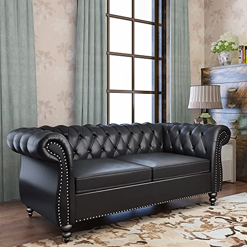 Chesterfield Loveseat, Modern Leather Sofa Tufted Couch 2 Seater with Rolled Arms and Nailhead for Living Room, Bedroom, Office, Apartment (Black)