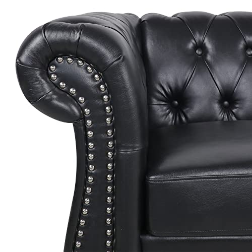 Chesterfield Loveseat, Modern Leather Sofa Tufted Couch 2 Seater with Rolled Arms and Nailhead for Living Room, Bedroom, Office, Apartment (Black)