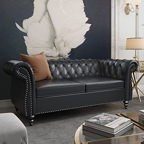 Chesterfield Loveseat, Modern Leather Sofa Tufted Couch 2 Seater with Rolled Arms and Nailhead for Living Room, Bedroom, Office, Apartment (Black)