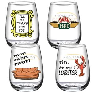 pszeznz friends tv show merchandise-friends tv show wine gifts for women-set of 4 funny wine glasses 17oz-stemless glasses housewarming gift