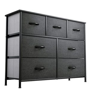 yitahome 7-drawer fabric dresser, furniture storage tower cabinet, organizer for bedroom, living room, hallway, closet & nursery, sturdy steel frame, wooden top, easy-to-pull fabric bins(black grey)