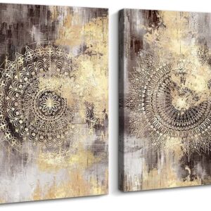 Creoate Abstract Wall Art, 2 Pieces Hand Painted Mandala Flowers Painting Canvas Print Wall Art Framed Artwork Set for Living Room Wall Decor, 16x24 Inchx 2pcs