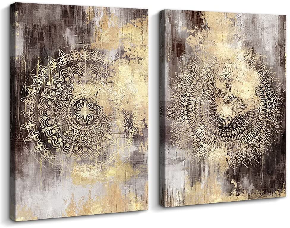 Creoate Abstract Wall Art, 2 Pieces Hand Painted Mandala Flowers Painting Canvas Print Wall Art Framed Artwork Set for Living Room Wall Decor, 16x24 Inchx 2pcs