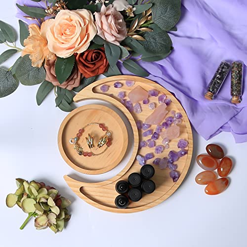Spacmirrors Crystal Holder Moon Tray with Round Dish Display, Natural Pine Wooden Crystal Jewelry Essential Oil Tray Spiritual Boho Plate Wood Decor Tray for Stone, Nuts, Fruits