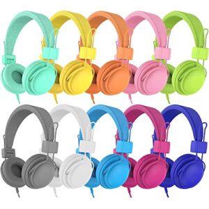 ailihen kids headphones bulk 10 pack for school k-12 students, classroom wired headphones with microphone & 85db volume limited & sharing, 3.5mm jack for chromebook, computer, laptop (multicolor)