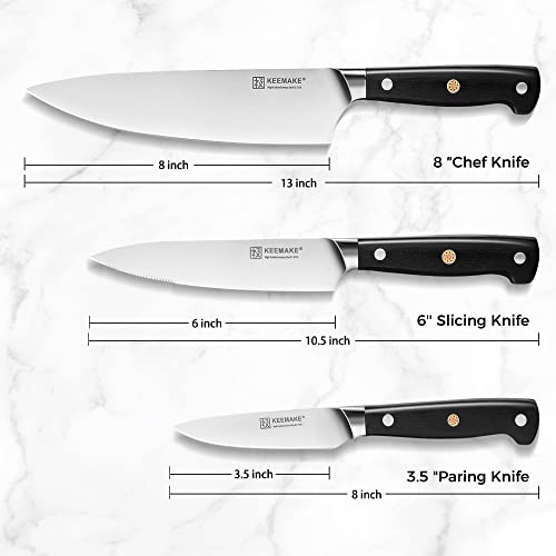 KEEMAKE Chef Knife Set 3 Piece, Sharp Kitchen Knives Set Professional Cooking Knife Set, German Stainless Steel 1.4116 Cutting Knives Set for kitchen with Black Handle