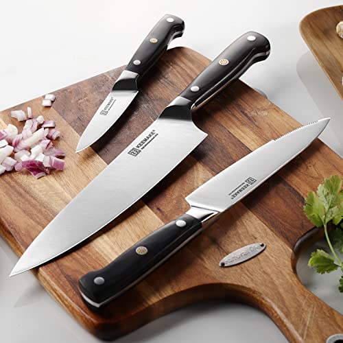 KEEMAKE Chef Knife Set 3 Piece, Sharp Kitchen Knives Set Professional Cooking Knife Set, German Stainless Steel 1.4116 Cutting Knives Set for kitchen with Black Handle