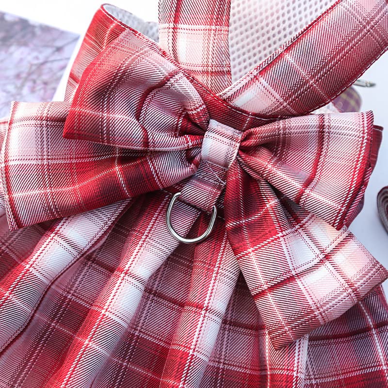 Hotumn Plaid Dog Harness Dress with Leash Ring Bow Tie Harness Leash Set Dog Wedding Dress Summer Princess Clothes Tutu Dress Cute Walking Dog Skirt for Small Medium Dogs Cats Girls