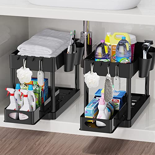 Sliding Under Sink Organizers and Storage, Mutsrd 2 Tier Pull Out Cabinet Organizer Basket, Under Sink Drawer Organizer with Hooks, Hanging Cups for Kitchen Bathroom