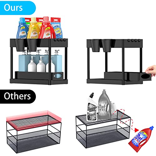 Sliding Under Sink Organizers and Storage, Mutsrd 2 Tier Pull Out Cabinet Organizer Basket, Under Sink Drawer Organizer with Hooks, Hanging Cups for Kitchen Bathroom