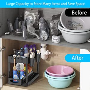 Sliding Under Sink Organizers and Storage, Mutsrd 2 Tier Pull Out Cabinet Organizer Basket, Under Sink Drawer Organizer with Hooks, Hanging Cups for Kitchen Bathroom