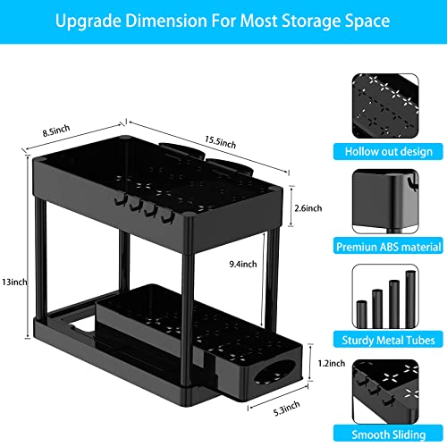 Sliding Under Sink Organizers and Storage, Mutsrd 2 Tier Pull Out Cabinet Organizer Basket, Under Sink Drawer Organizer with Hooks, Hanging Cups for Kitchen Bathroom