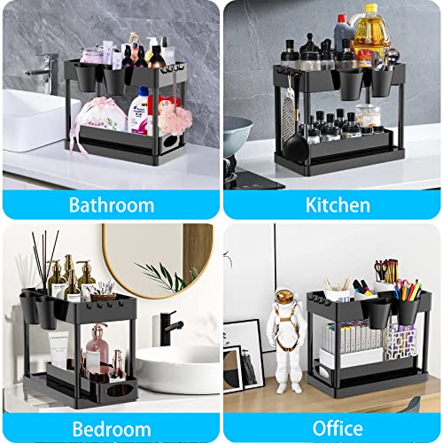 Sliding Under Sink Organizers and Storage, Mutsrd 2 Tier Pull Out Cabinet Organizer Basket, Under Sink Drawer Organizer with Hooks, Hanging Cups for Kitchen Bathroom