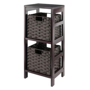 winsome wood leo 3-pc storage shelf with 2 foldable woven baskets - espresso and chocolate