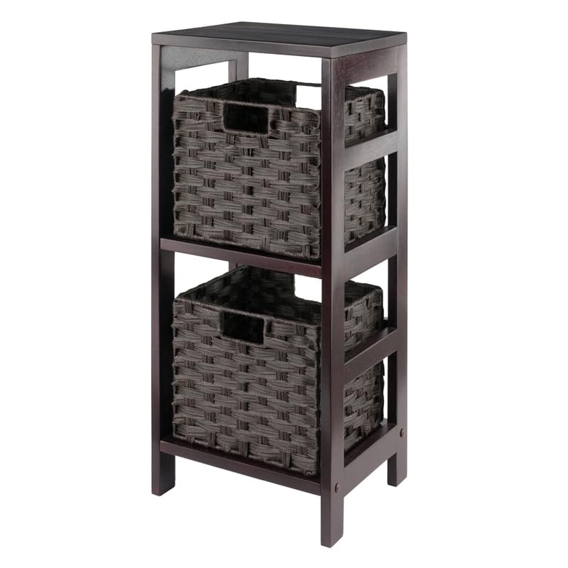 Winsome Wood Leo 3-Pc Storage Shelf with 2 Foldable Woven Baskets - Espresso and Chocolate