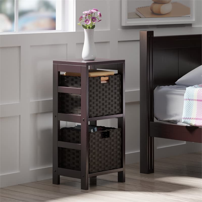 Winsome Wood Leo 3-Pc Storage Shelf with 2 Foldable Woven Baskets - Espresso and Chocolate