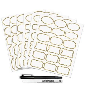 kitchen pantry food containers clear labels with gold border, 93 waterproof removable write-on sticker labels tags to organize spice jars condiment flour sugar canisters storage bins, free 2 markers