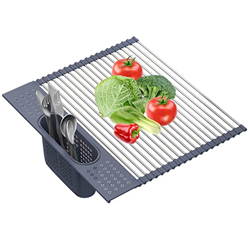 LEMIKKLE 20" x 15.2" Roll Up Dish Drying Rack Over The Sink Dish Drying Rack,Multi-Purpose Kitchen Rolling Dish Drainer Foldable SUS304 Stainless Steel Dish Drying Rack