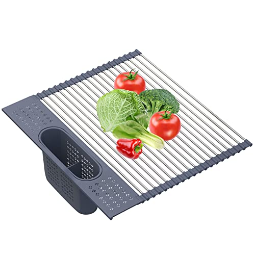 LEMIKKLE 20" x 15.2" Roll Up Dish Drying Rack Over The Sink Dish Drying Rack,Multi-Purpose Kitchen Rolling Dish Drainer Foldable SUS304 Stainless Steel Dish Drying Rack