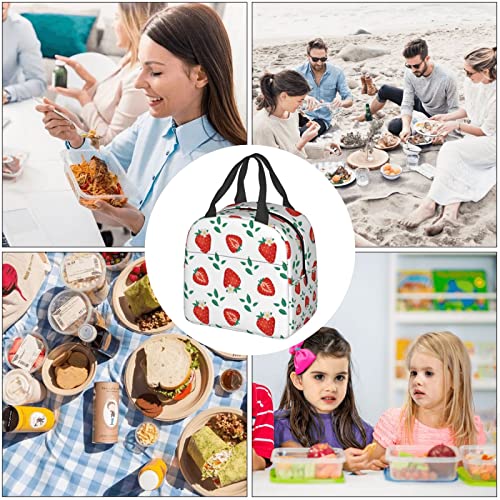 Ucsaxue Cute Strawberry Leaves and Flowers Lunch Bag Small Insulated Lunch Box with Front Pocket Aesthetic Lunch Bags for Girls Boys Freezable Bento Box Women Men Lunch Boxes