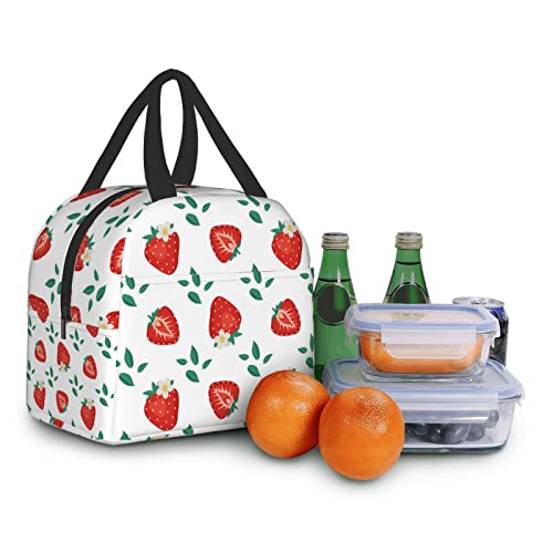 Ucsaxue Cute Strawberry Leaves and Flowers Lunch Bag Small Insulated Lunch Box with Front Pocket Aesthetic Lunch Bags for Girls Boys Freezable Bento Box Women Men Lunch Boxes