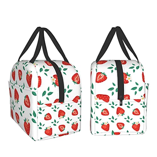 Ucsaxue Cute Strawberry Leaves and Flowers Lunch Bag Small Insulated Lunch Box with Front Pocket Aesthetic Lunch Bags for Girls Boys Freezable Bento Box Women Men Lunch Boxes