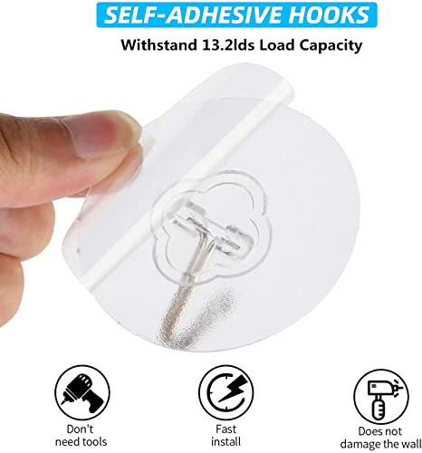 Menihor Wall Hooks, Adhesive Hooks 24 Pack Wall Hook, Heavy Duty 13.2lb(Max) Damage Free Seamless Hooks Oilproof & Waterproof Bath Kitchen Towel Utility Hooks, Clear