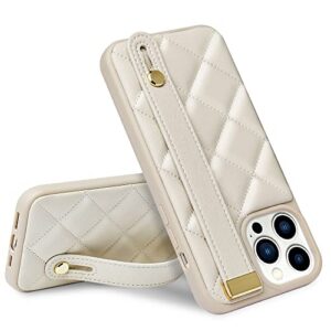 zve iphone 13 pro max case with strap, luxury shockproof quilted leather case with stand for women cover case compatible with apple iphone 13 pro max, 6.7 inch-beige