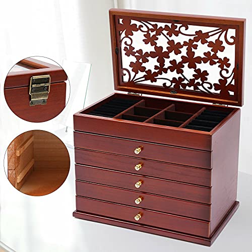 TFCFL Wooden Jewelry Box for Women, 6 Layers Jewelry Storage Organizer Box for Jewelries, Ring, Watches, Necklace (Brown)