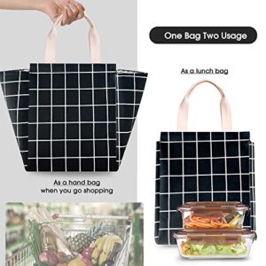 HOMESPON Reusable Lunch Bag Insulated Lunch Box Canvas Fabric with Aluminum Foil, Lunch Tote Handbag for Women,Men,Office (Black Plaid)