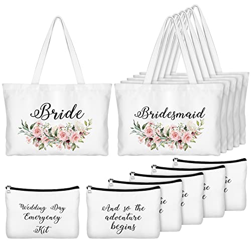 Sanwuta 6 Set Bridesmaid Tote Bag Bridesmaid Gifts, Include Bridesmaid Makeup Pouch Bridal Canvas Tote Bag Gifts for Wedding (Floral Pattern)