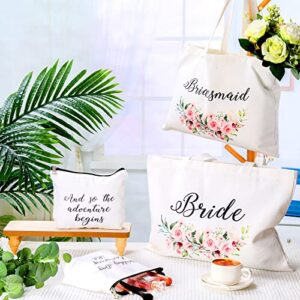 Sanwuta 6 Set Bridesmaid Tote Bag Bridesmaid Gifts, Include Bridesmaid Makeup Pouch Bridal Canvas Tote Bag Gifts for Wedding (Floral Pattern)