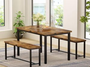 hooseng kitchen table set with two benches, dining table set for 4-6 persons, space-saving 47 inch small kitchen table set for breakfast nook, living room, apartment, restaurant, rustic brown